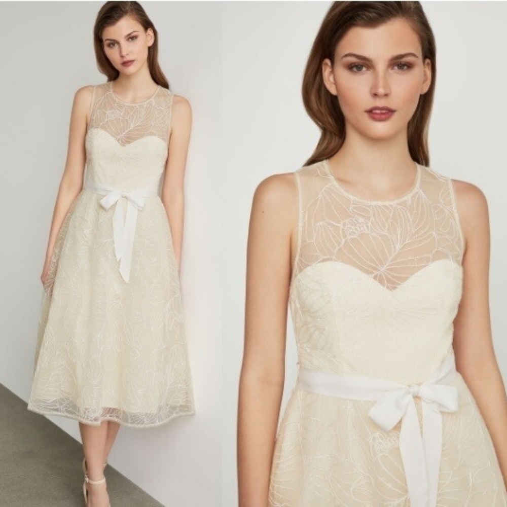 NWT BCBG BCBGMAXAZRIA Metallic Floral Embroidered Flared Dress OFF WHITE size 0